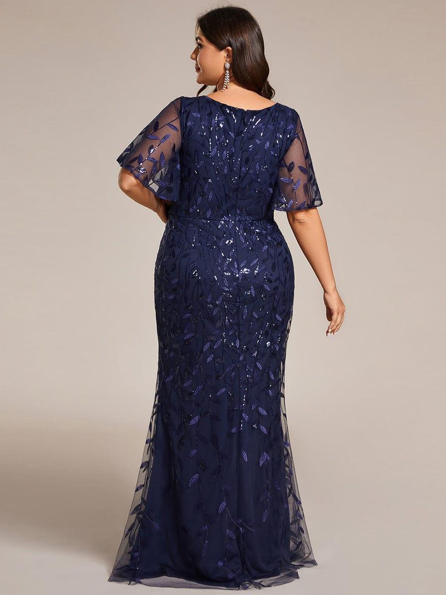 Gorgeous V Neck Leaf-Sequined Fishtail Party Dress #color_Navy Blue Gorgeous V Neck Leaf-Sequined Fishtail Party Dress #color_Navy Blue
