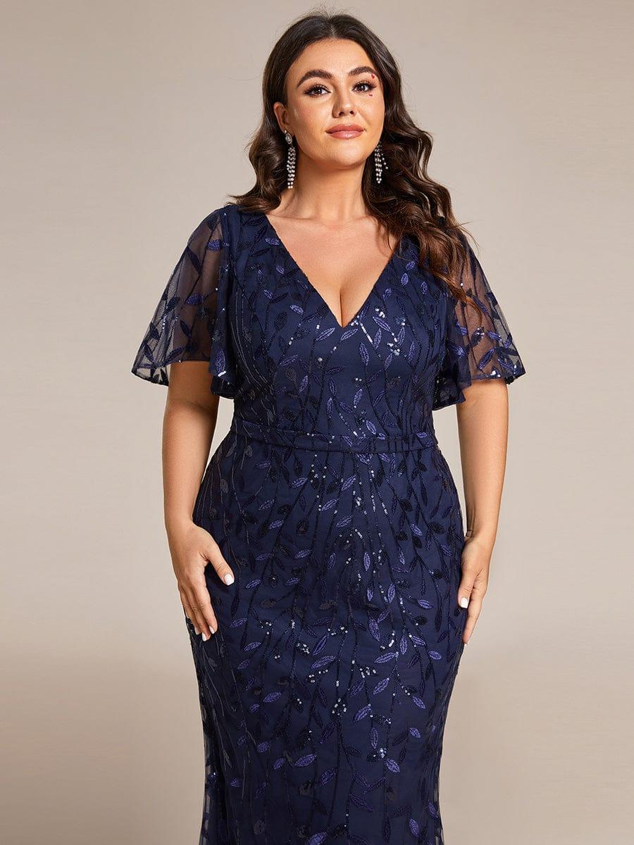 Gorgeous V Neck Leaf-Sequined Fishtail Party Dress #color_Navy Blue Gorgeous V Neck Leaf-Sequined Fishtail Party Dress #color_Navy Blue