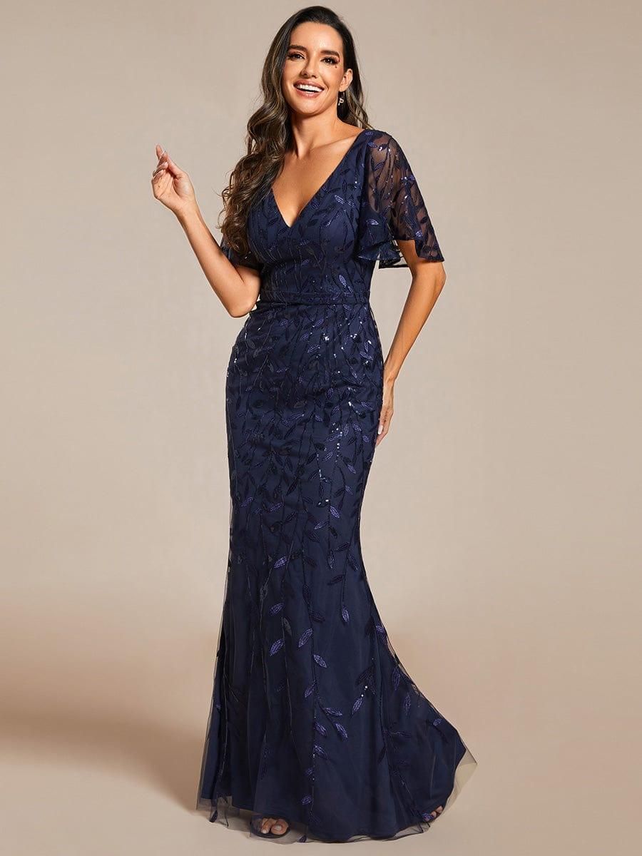 Gorgeous V Neck Leaf-Sequined Fishtail Party Dress #color_Navy Blue Gorgeous V Neck Leaf-Sequined Fishtail Party Dress #color_Navy Blue