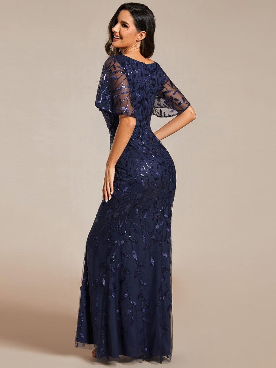 Gorgeous V Neck Leaf-Sequined Fishtail Party Dress #color_Navy Blue Gorgeous V Neck Leaf-Sequined Fishtail Party Dress #color_Navy Blue