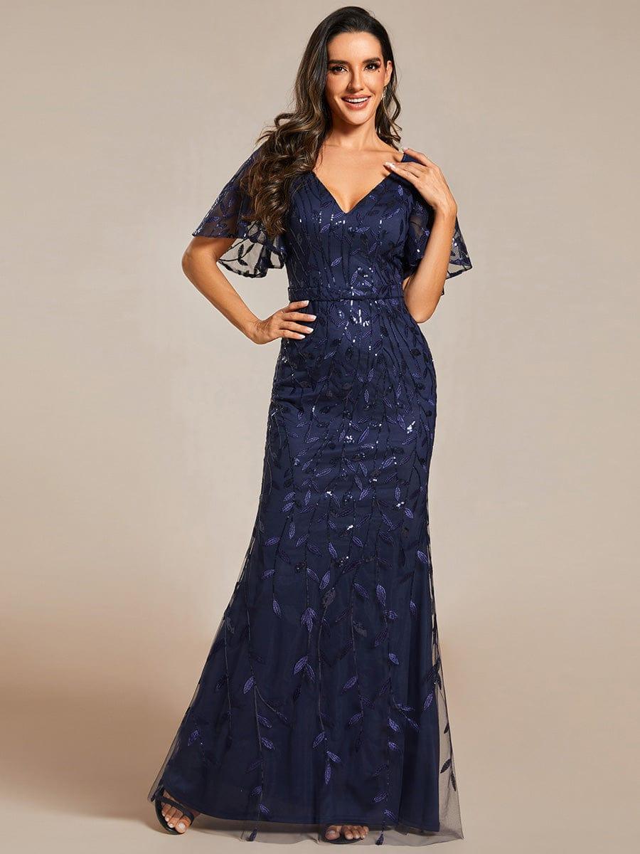 Gorgeous V Neck Leaf-Sequined Fishtail Party Dress #color_Navy Blue Gorgeous V Neck Leaf-Sequined Fishtail Party Dress #color_Navy Blue