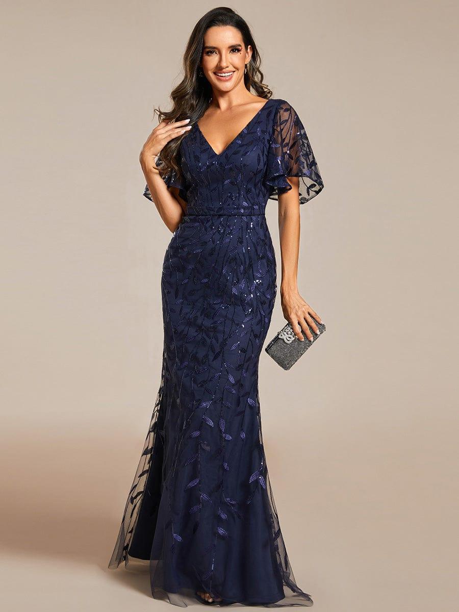 Gorgeous V Neck Leaf-Sequined Fishtail Party Dress #color_Navy Blue Gorgeous V Neck Leaf-Sequined Fishtail Party Dress #color_Navy Blue