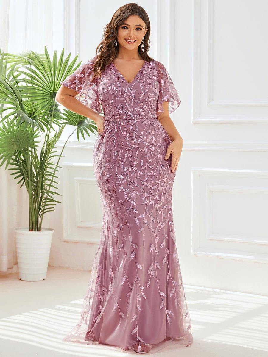 Gorgeous V Neck Leaf-Sequined Fishtail Party Dress #color_Purple Orchid Gorgeous V Neck Leaf-Sequined Fishtail Party Dress #color_Purple Orchid