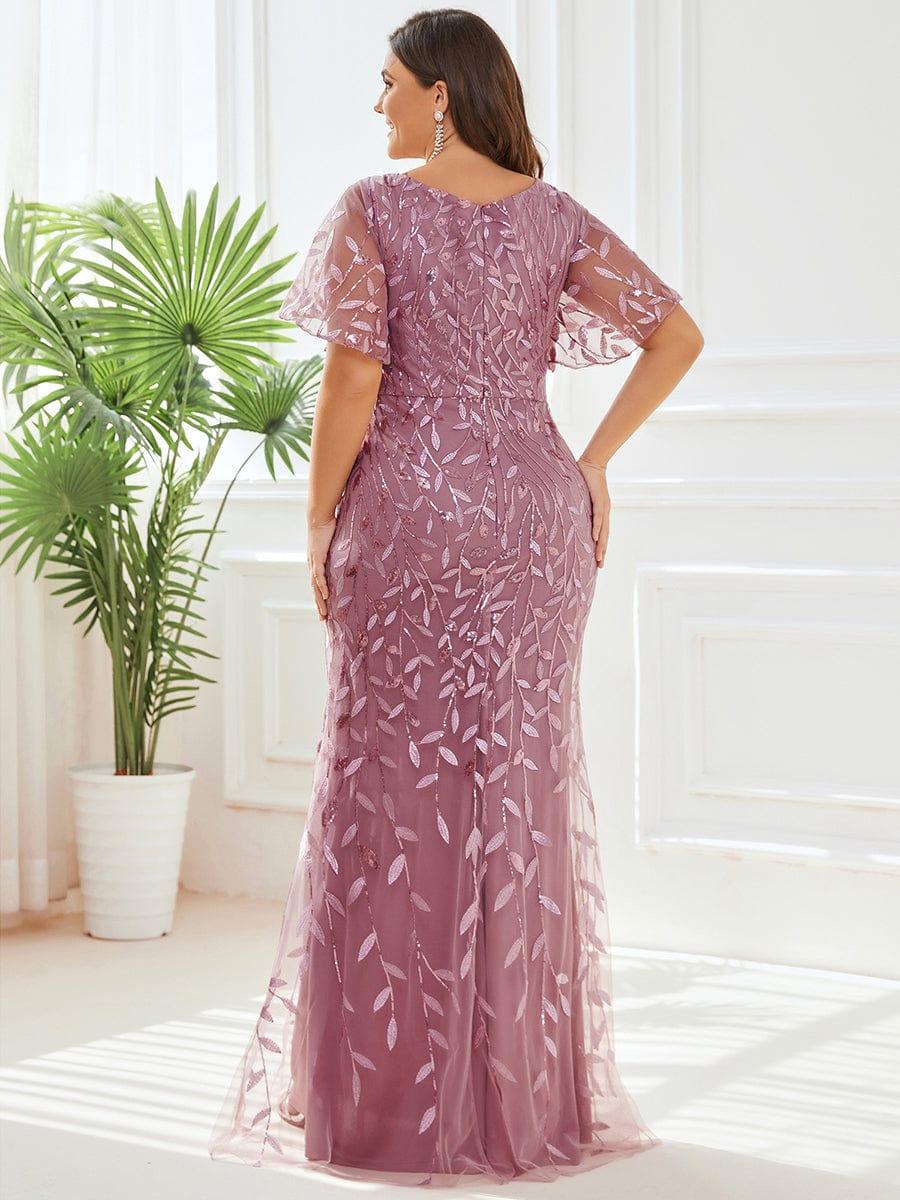 Gorgeous V Neck Leaf-Sequined Fishtail Party Dress #color_Purple Orchid Gorgeous V Neck Leaf-Sequined Fishtail Party Dress #color_Purple Orchid