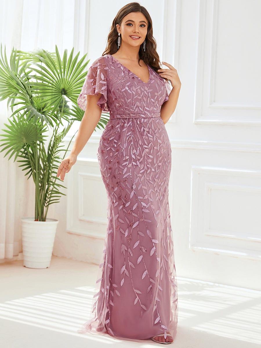 Gorgeous V Neck Leaf-Sequined Fishtail Party Dress #color_Purple Orchid Gorgeous V Neck Leaf-Sequined Fishtail Party Dress #color_Purple Orchid