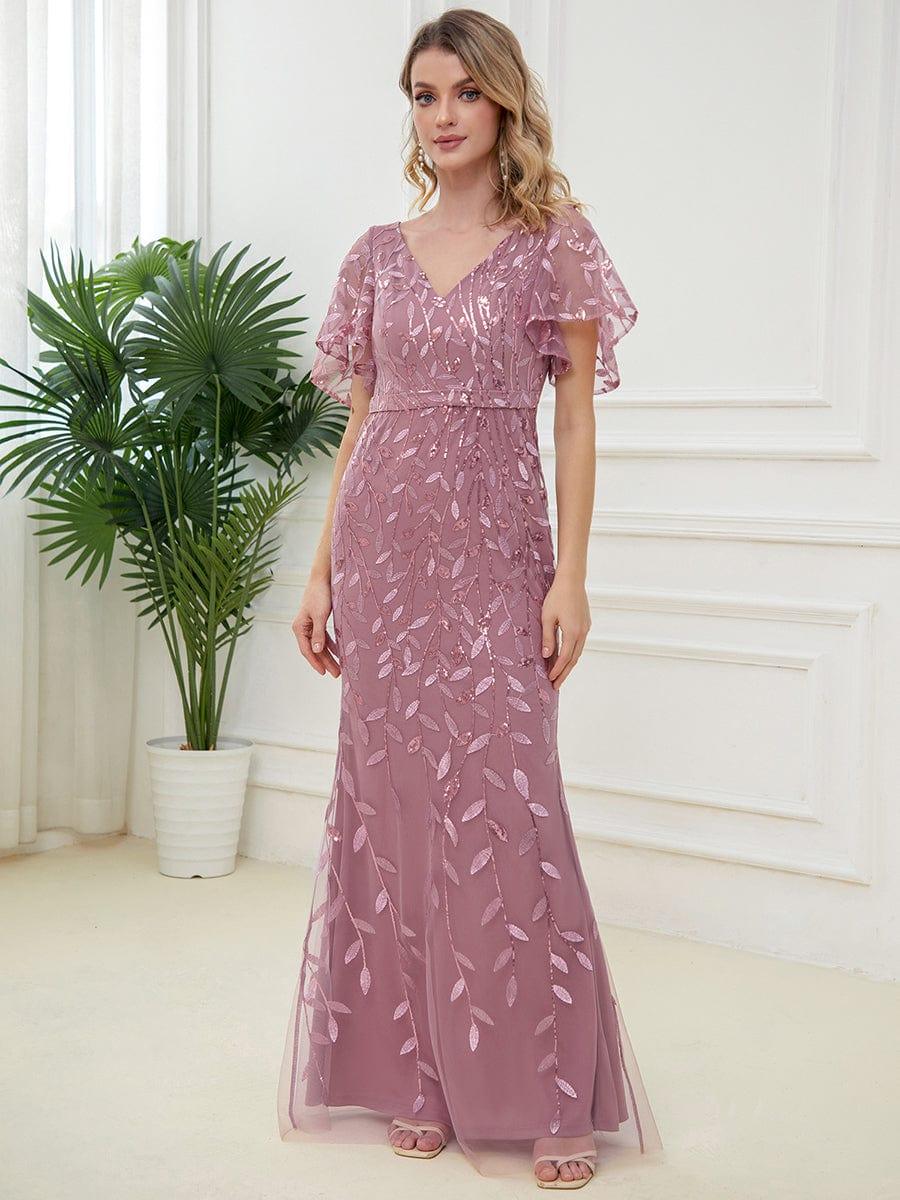 Gorgeous V Neck Leaf-Sequined Fishtail Party Dress #color_Purple Orchid Gorgeous V Neck Leaf-Sequined Fishtail Party Dress #color_Purple Orchid