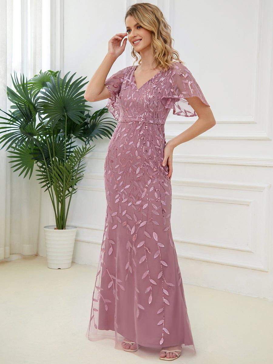 Gorgeous V Neck Leaf-Sequined Fishtail Party Dress #color_Purple Orchid Gorgeous V Neck Leaf-Sequined Fishtail Party Dress #color_Purple Orchid