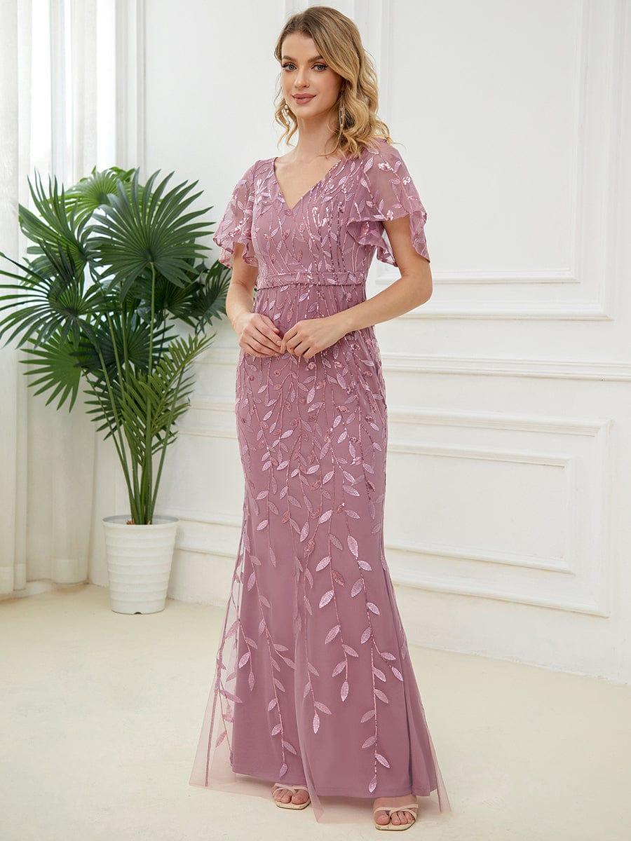 Gorgeous V Neck Leaf-Sequined Fishtail Party Dress #color_Purple Orchid Gorgeous V Neck Leaf-Sequined Fishtail Party Dress #color_Purple Orchid