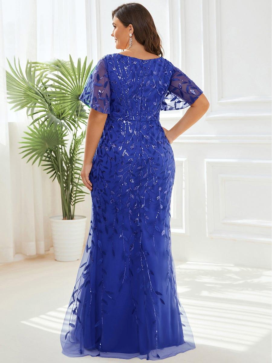Gorgeous V Neck Leaf-Sequined Fishtail Party Dress #color_Sapphire Blue Gorgeous V Neck Leaf-Sequined Fishtail Party Dress #color_Sapphire Blue