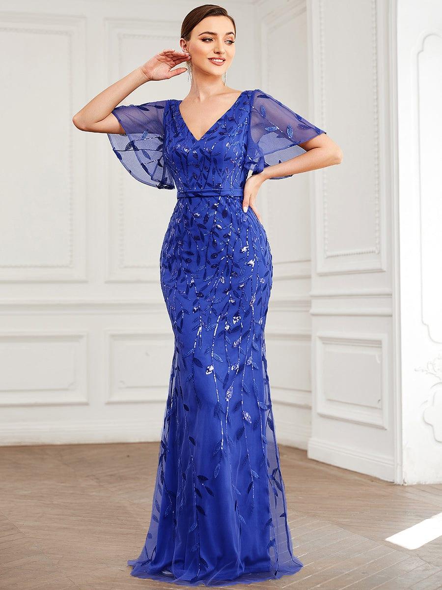 Gorgeous V Neck Leaf-Sequined Fishtail Party Dress #color_Sapphire Blue Gorgeous V Neck Leaf-Sequined Fishtail Party Dress #color_Sapphire Blue