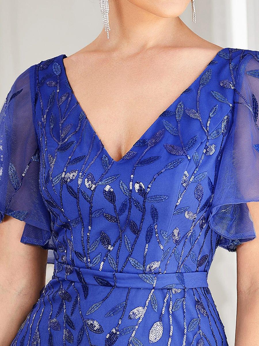 Gorgeous V Neck Leaf-Sequined Fishtail Party Dress #color_Sapphire Blue Gorgeous V Neck Leaf-Sequined Fishtail Party Dress #color_Sapphire Blue