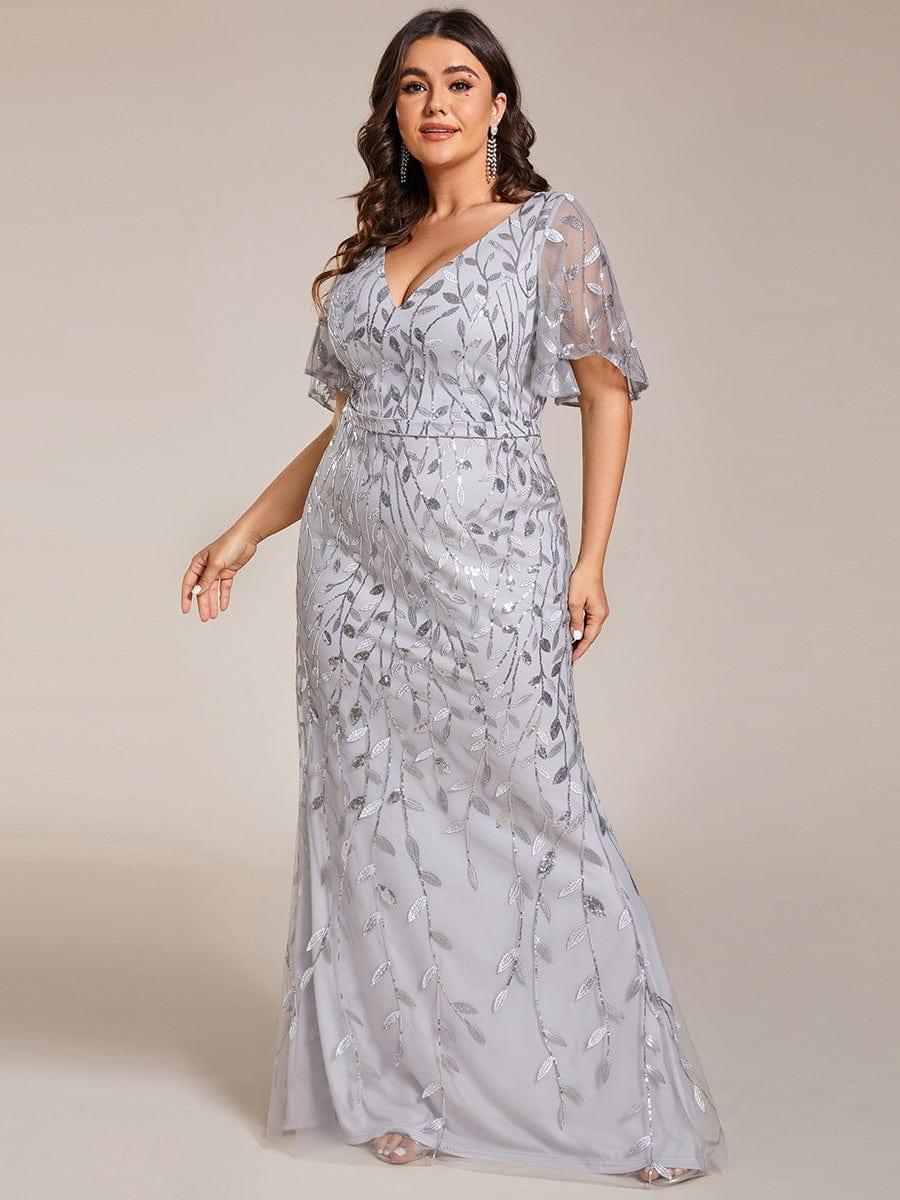 Gorgeous V Neck Leaf-Sequined Fishtail Party Dress #color_Silver Gorgeous V Neck Leaf-Sequined Fishtail Party Dress #color_Silver