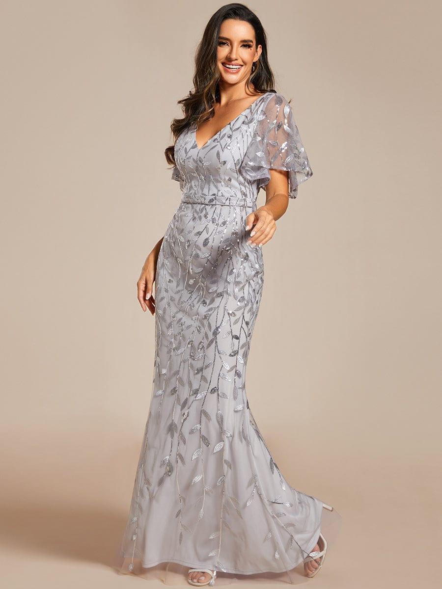 Gorgeous V Neck Leaf-Sequined Fishtail Party Dress #color_Silver Gorgeous V Neck Leaf-Sequined Fishtail Party Dress #color_Silver
