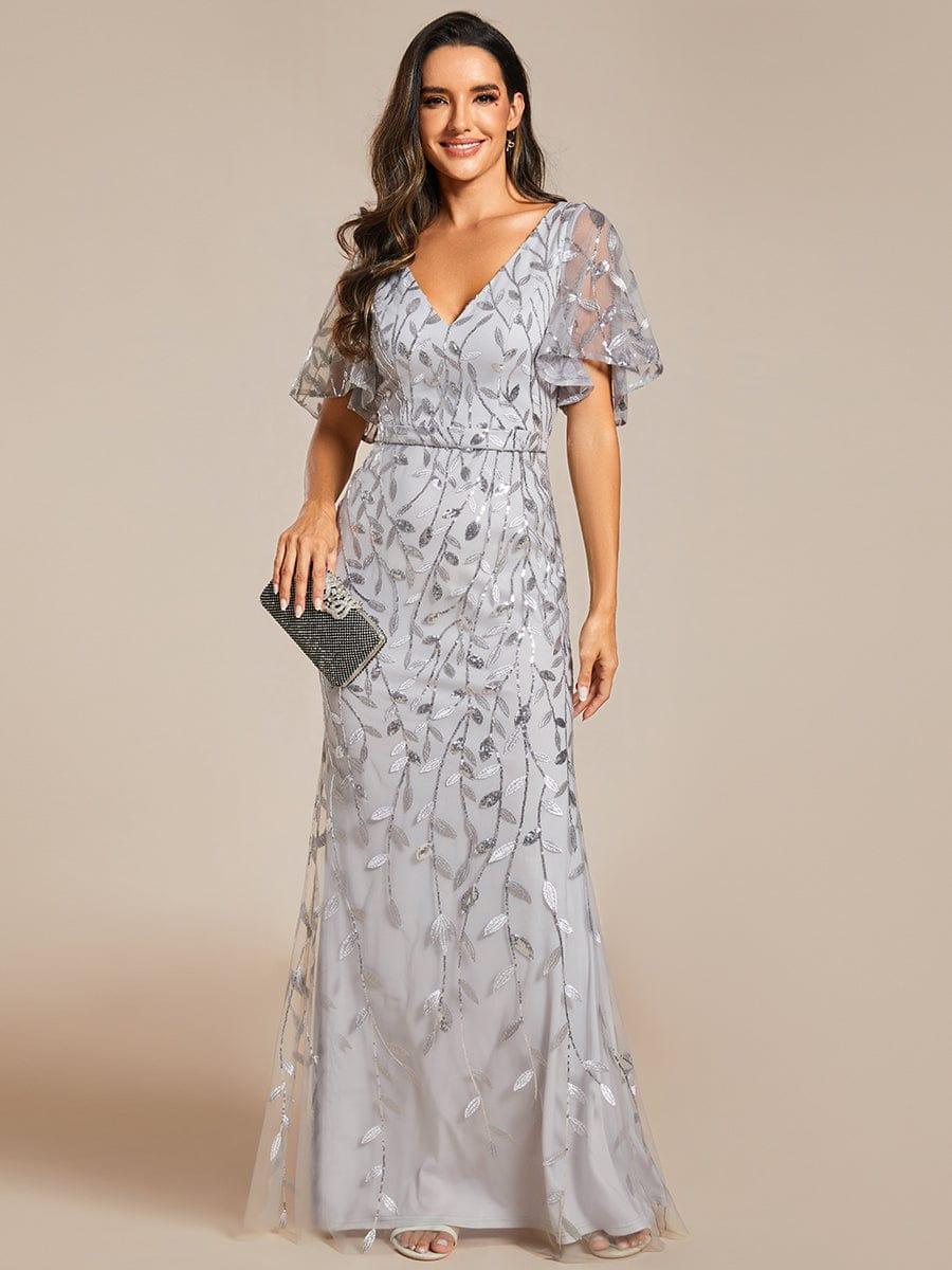 Gorgeous V Neck Leaf-Sequined Fishtail Party Dress #color_Silver Gorgeous V Neck Leaf-Sequined Fishtail Party Dress #color_Silver