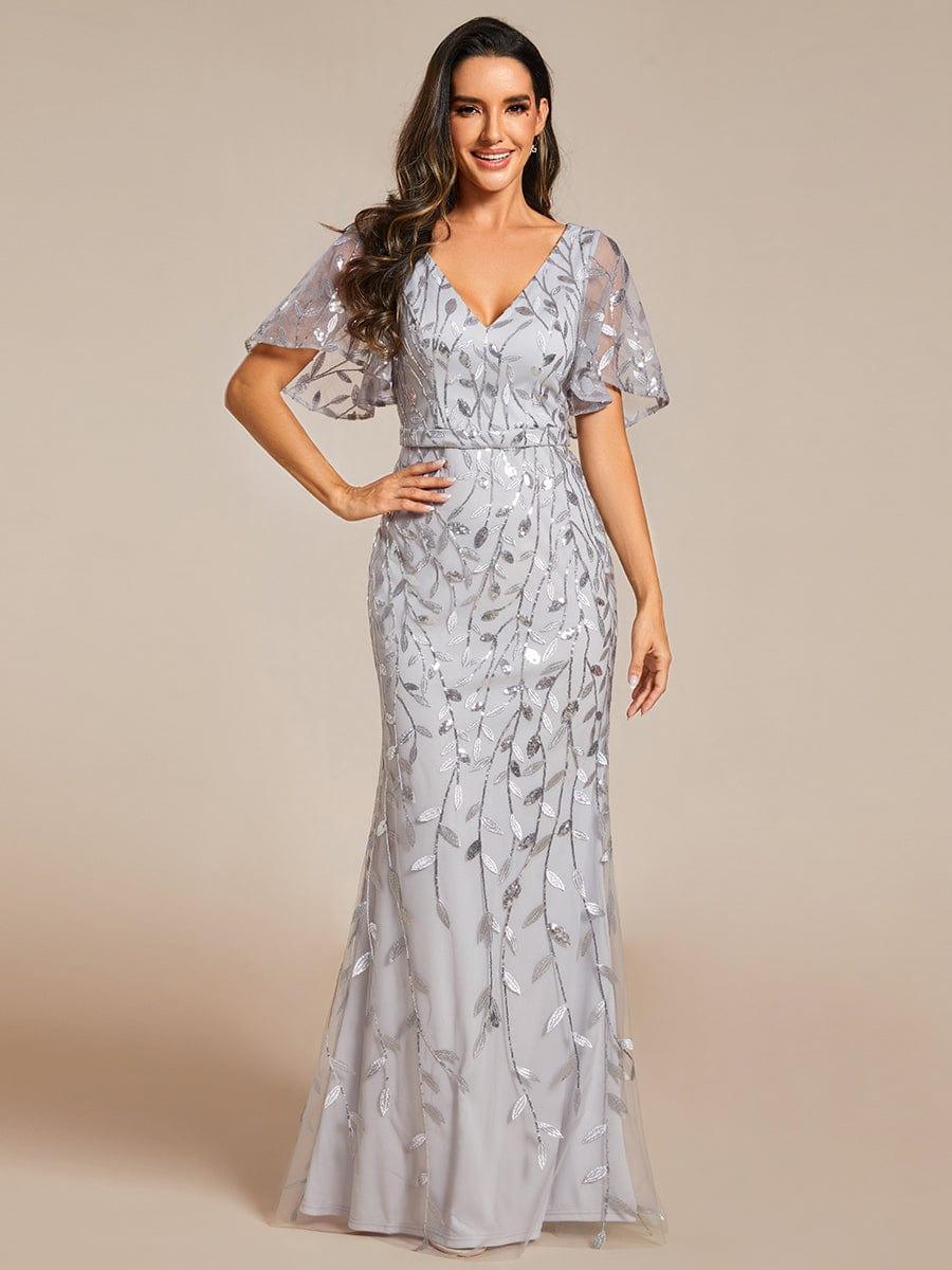 Gorgeous V Neck Leaf-Sequined Fishtail Party Dress #color_Silver Gorgeous V Neck Leaf-Sequined Fishtail Party Dress #color_Silver