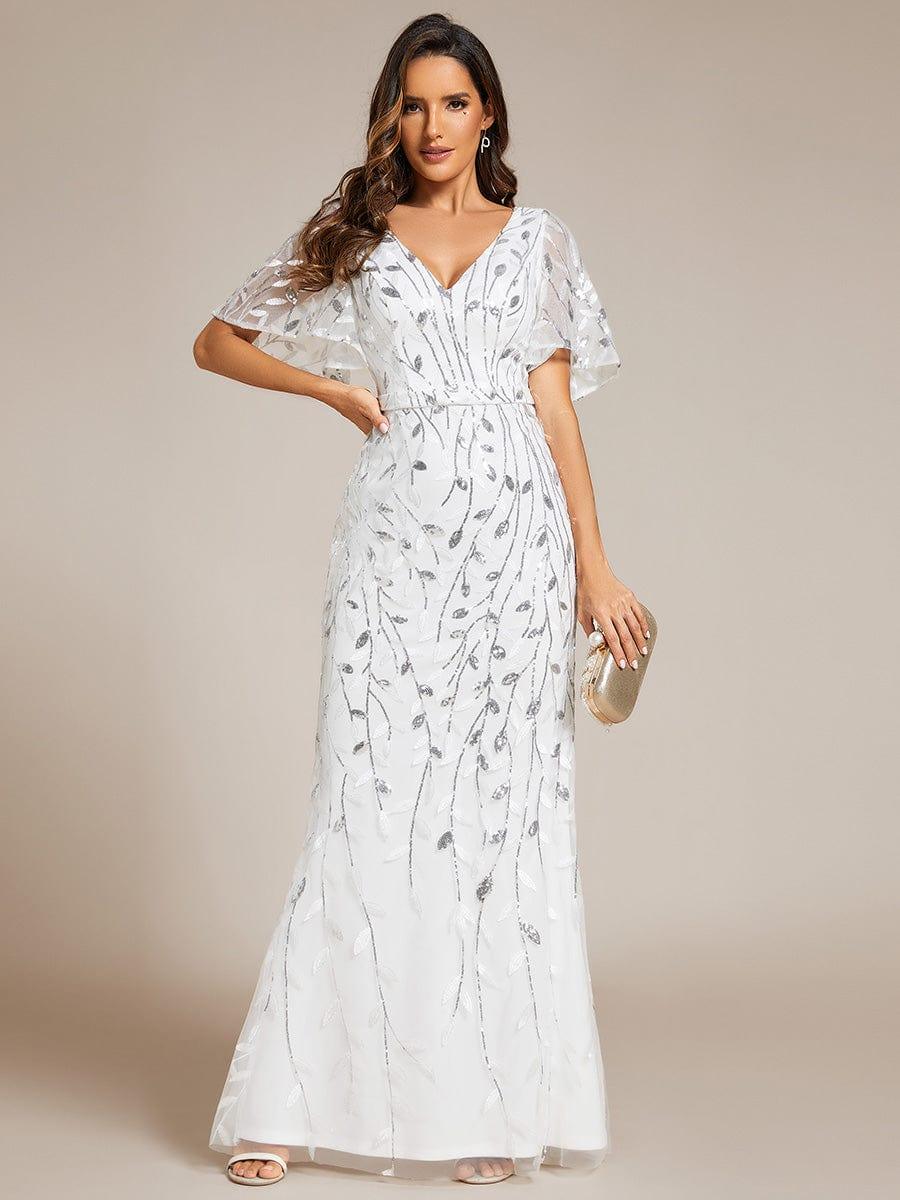 Gorgeous V Neck Leaf-Sequined Fishtail Party Dress #color_White Gorgeous V Neck Leaf-Sequined Fishtail Party Dress #color_White