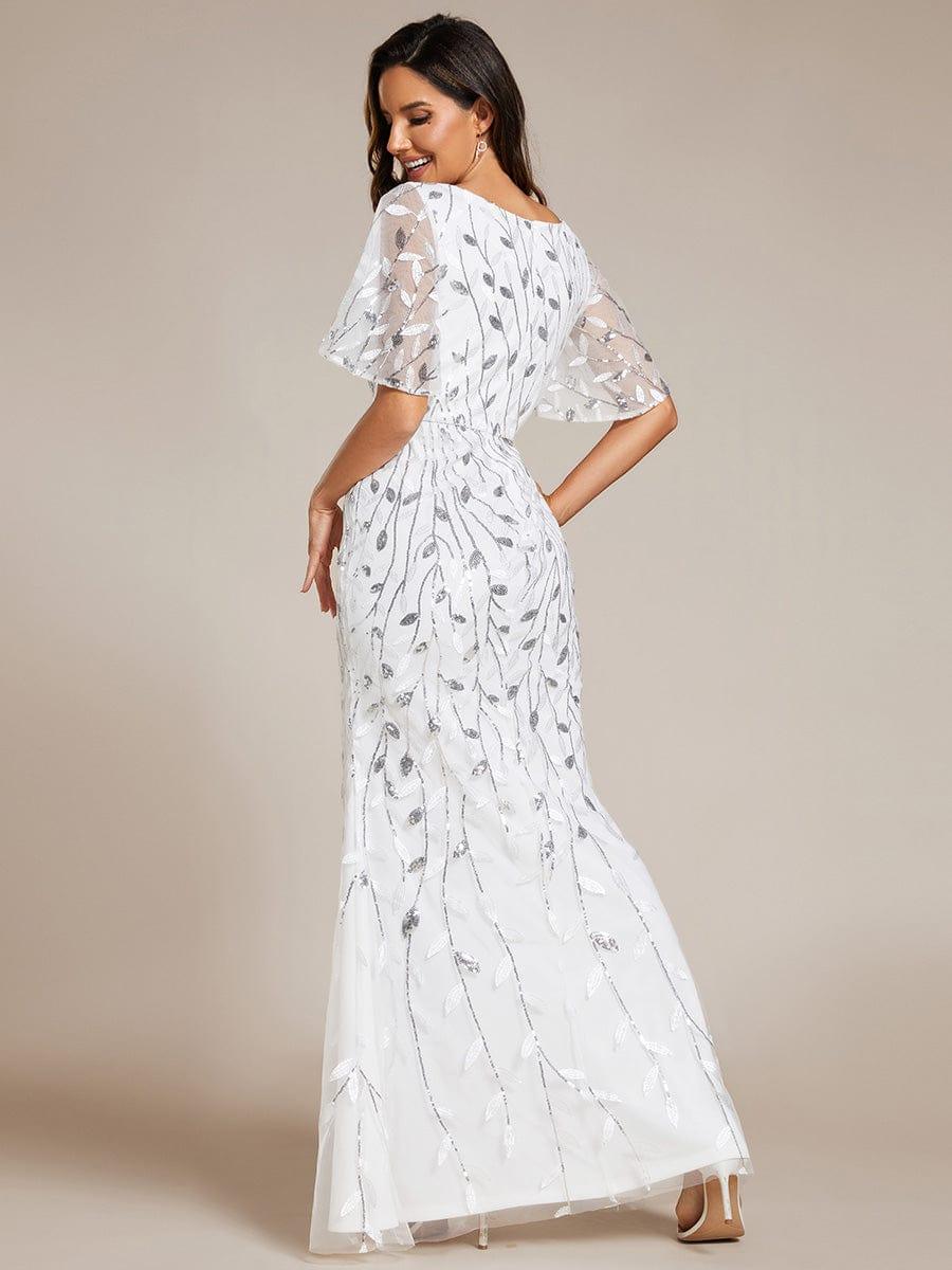 Gorgeous V Neck Leaf-Sequined Fishtail Party Dress #color_White Gorgeous V Neck Leaf-Sequined Fishtail Party Dress #color_White