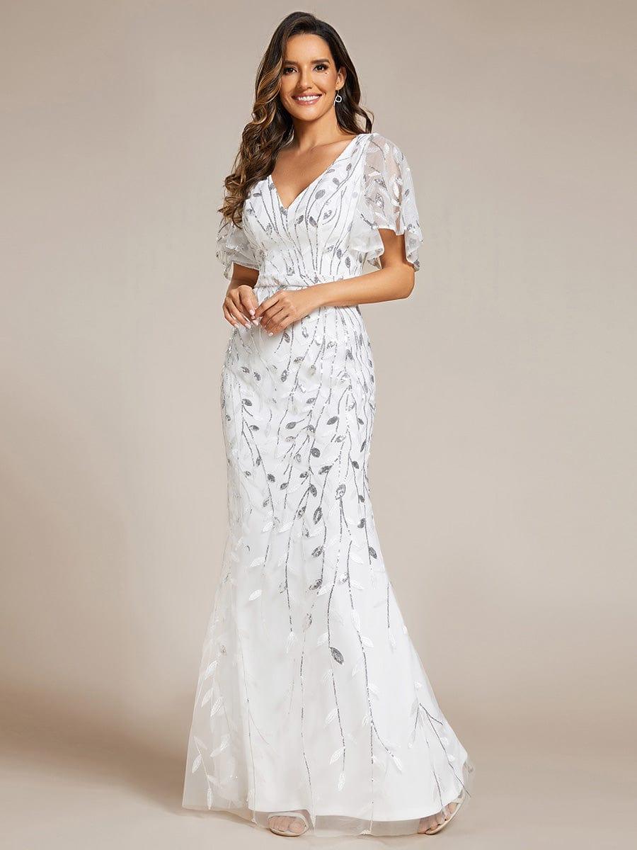 Gorgeous V Neck Leaf-Sequined Fishtail Party Dress #color_White Gorgeous V Neck Leaf-Sequined Fishtail Party Dress #color_White