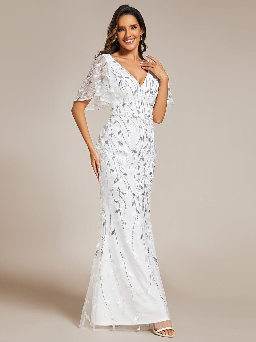 Gorgeous V Neck Leaf-Sequined Fishtail Party Dress #color_White Gorgeous V Neck Leaf-Sequined Fishtail Party Dress #color_White