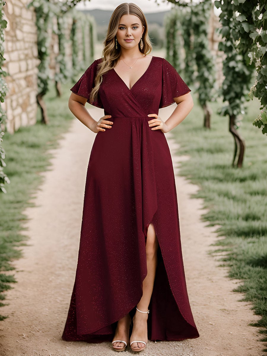 Glitter High-Low Front Side Slit Ruffled V-Neck Evening Dress #color_Burgundy Glitter High-Low Front Side Slit Ruffled V-Neck Evening Dress #color_Burgundy
