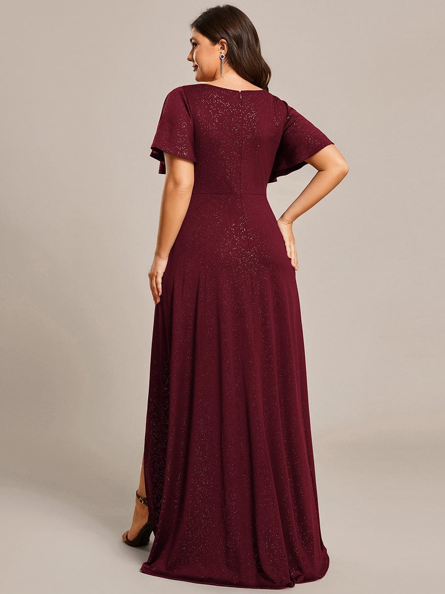 Glitter High-Low Front Side Slit Ruffled V-Neck Evening Dress #color_Burgundy Glitter High-Low Front Side Slit Ruffled V-Neck Evening Dress #color_Burgundy