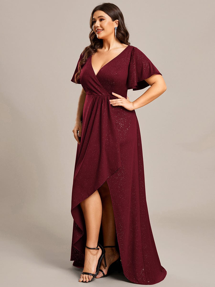 Plus Size Ruffled High-Low Front Slit Evening Dress with Glitter #color_Burgundy Plus Size Ruffled High-Low Front Slit Evening Dress with Glitter #color_Burgundy
