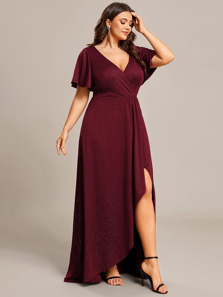 Plus Size Ruffled High-Low Front Slit Evening Dress with Glitter #color_Burgundy Plus Size Ruffled High-Low Front Slit Evening Dress with Glitter #color_Burgundy
