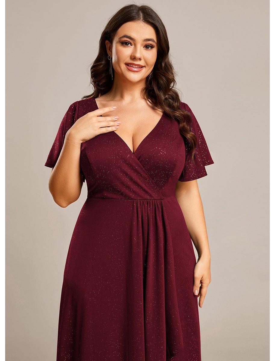 Glitter High-Low Front Side Slit Ruffled V-Neck Evening Dress #color_Burgundy Glitter High-Low Front Side Slit Ruffled V-Neck Evening Dress #color_Burgundy