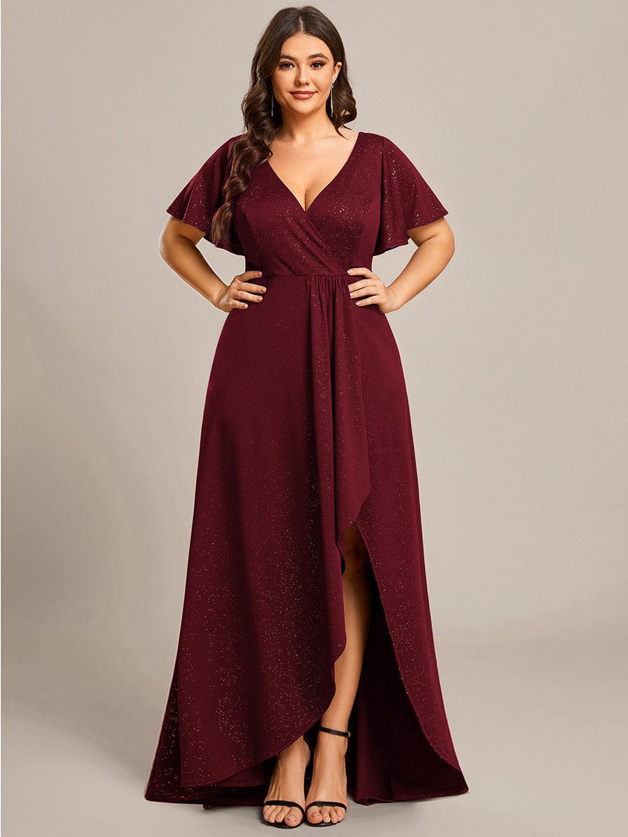 Plus Size Ruffled High-Low Front Slit Evening Dress with Glitter #color_Burgundy Plus Size Ruffled High-Low Front Slit Evening Dress with Glitter #color_Burgundy