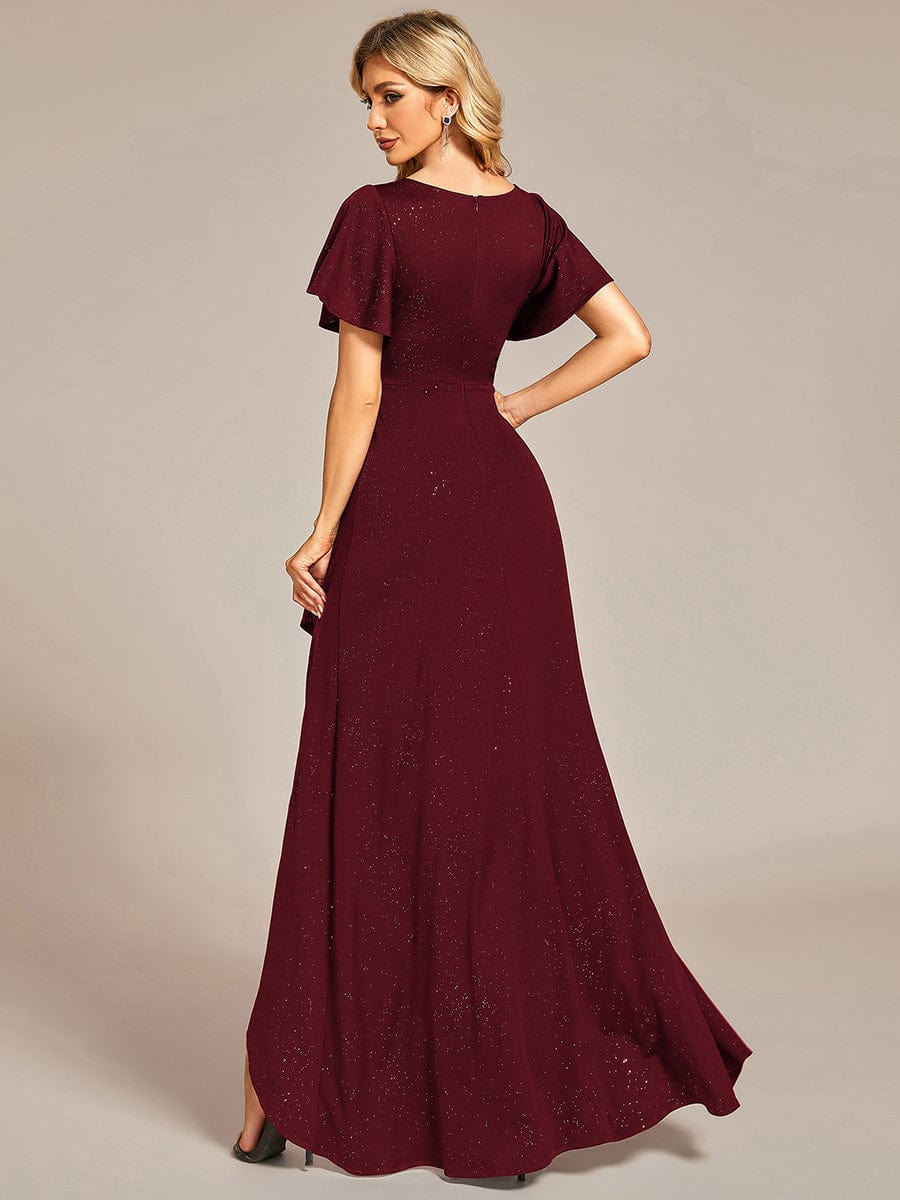 Glitter High-Low Front Side Slit Ruffled V-Neck Evening Dress #color_Burgundy Glitter High-Low Front Side Slit Ruffled V-Neck Evening Dress #color_Burgundy