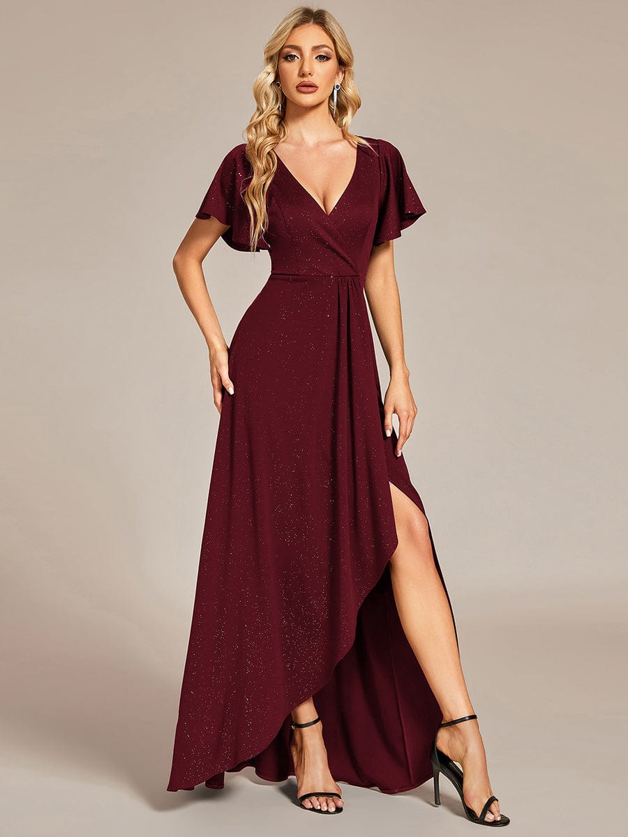Glitter High-Low Front Side Slit Ruffled V-Neck Evening Dress #color_Burgundy Glitter High-Low Front Side Slit Ruffled V-Neck Evening Dress #color_Burgundy