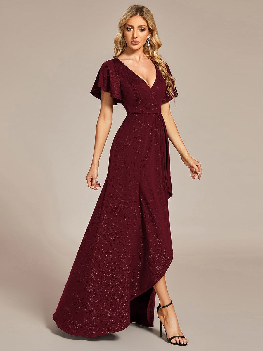 Glitter High-Low Front Side Slit Ruffled V-Neck Evening Dress #color_Burgundy Glitter High-Low Front Side Slit Ruffled V-Neck Evening Dress #color_Burgundy