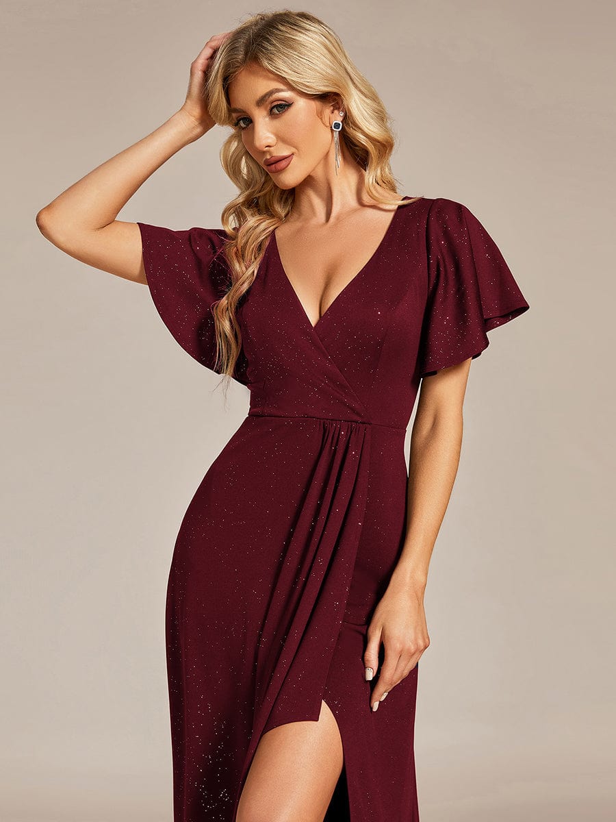 Glitter High-Low Front Side Slit Ruffled V-Neck Evening Dress #color_Burgundy Glitter High-Low Front Side Slit Ruffled V-Neck Evening Dress #color_Burgundy