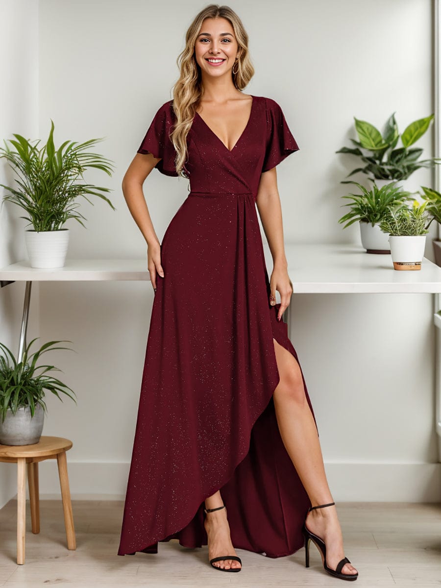 Glitter High-Low Front Side Slit Ruffled V-Neck Evening Dress #color_Burgundy Glitter High-Low Front Side Slit Ruffled V-Neck Evening Dress #color_Burgundy