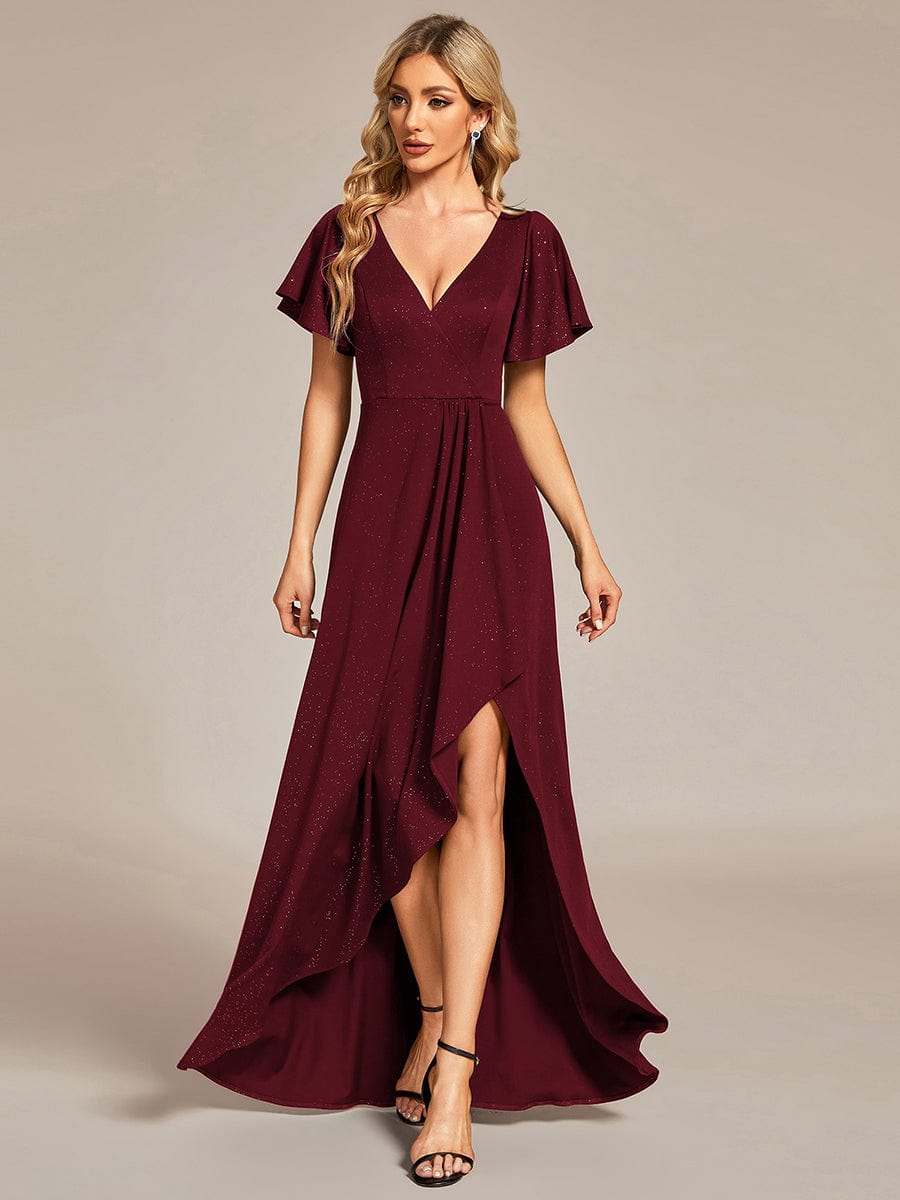 Glitter High-Low Front Side Slit Ruffled V-Neck Evening Dress #color_Burgundy Glitter High-Low Front Side Slit Ruffled V-Neck Evening Dress #color_Burgundy