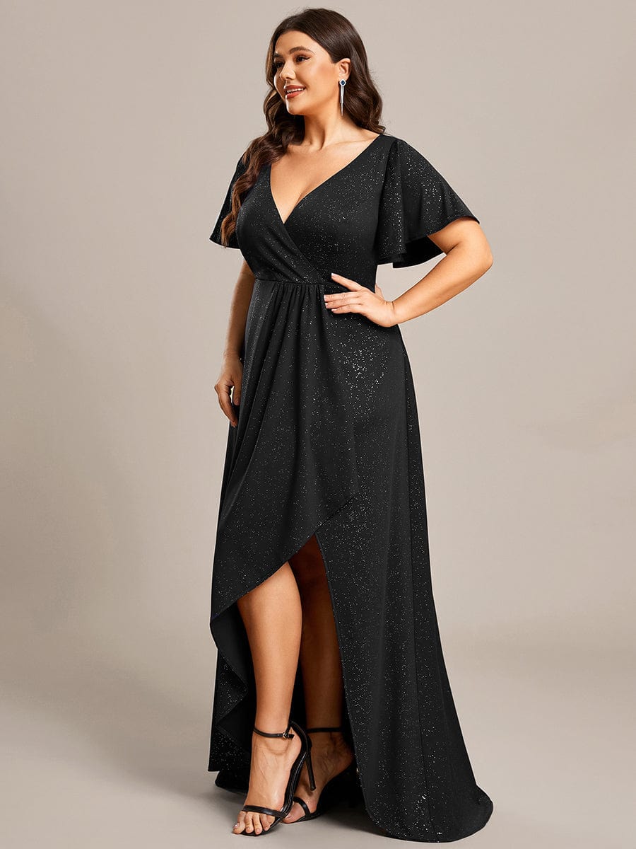 Plus Size Ruffled High-Low Front Slit Evening Dress with Glitter #color_Black Plus Size Ruffled High-Low Front Slit Evening Dress with Glitter #color_Black