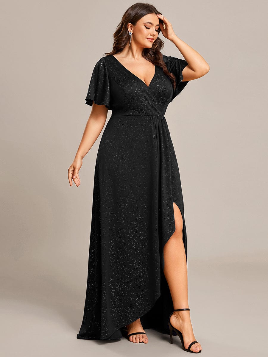 Glitter High-Low Front Side Slit Ruffled V-Neck Evening Dress #color_Black Glitter High-Low Front Side Slit Ruffled V-Neck Evening Dress #color_Black