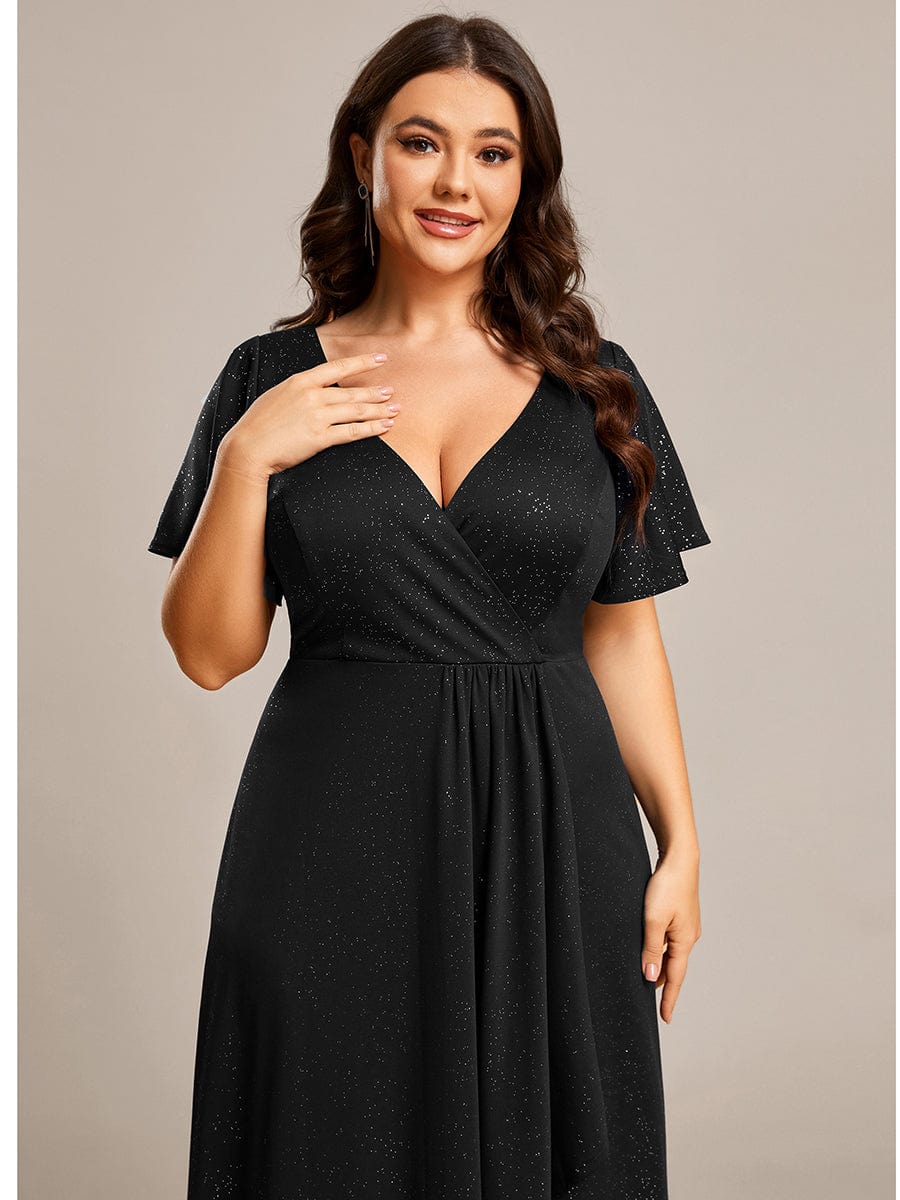 Plus Size Ruffled High-Low Front Slit Evening Dress with Glitter #color_Black Plus Size Ruffled High-Low Front Slit Evening Dress with Glitter #color_Black