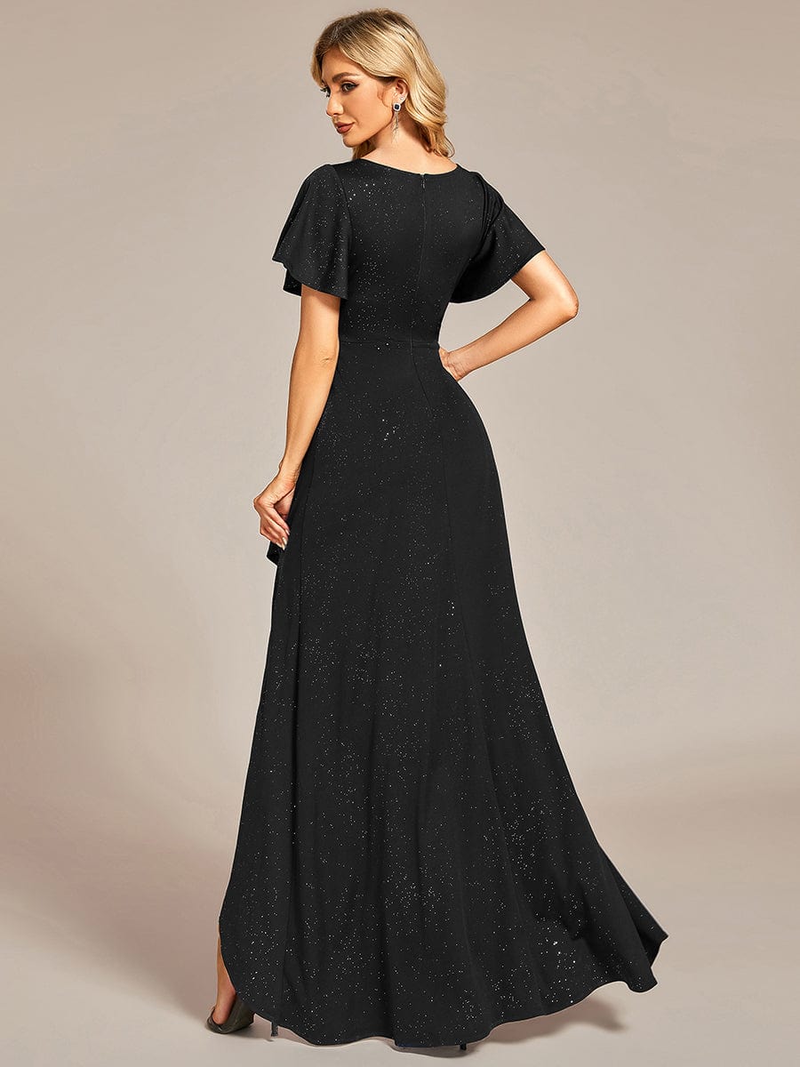 Glitter High-Low Front Side Slit Ruffled V-Neck Evening Dress #color_Black Glitter High-Low Front Side Slit Ruffled V-Neck Evening Dress #color_Black