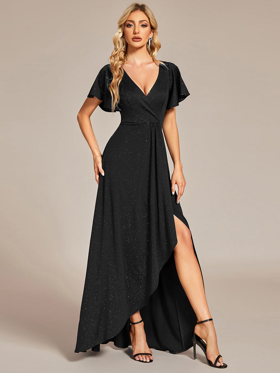Glitter High-Low Front Side Slit Ruffled V-Neck Evening Dress #color_Black Glitter High-Low Front Side Slit Ruffled V-Neck Evening Dress #color_Black