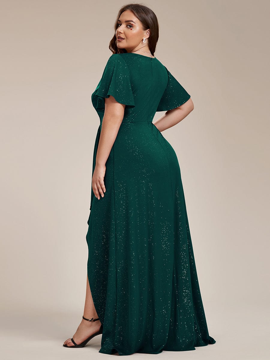 Plus Size Ruffled High-Low Front Slit Evening Dress with Glitter #color_Dark Green Plus Size Ruffled High-Low Front Slit Evening Dress with Glitter #color_Dark Green