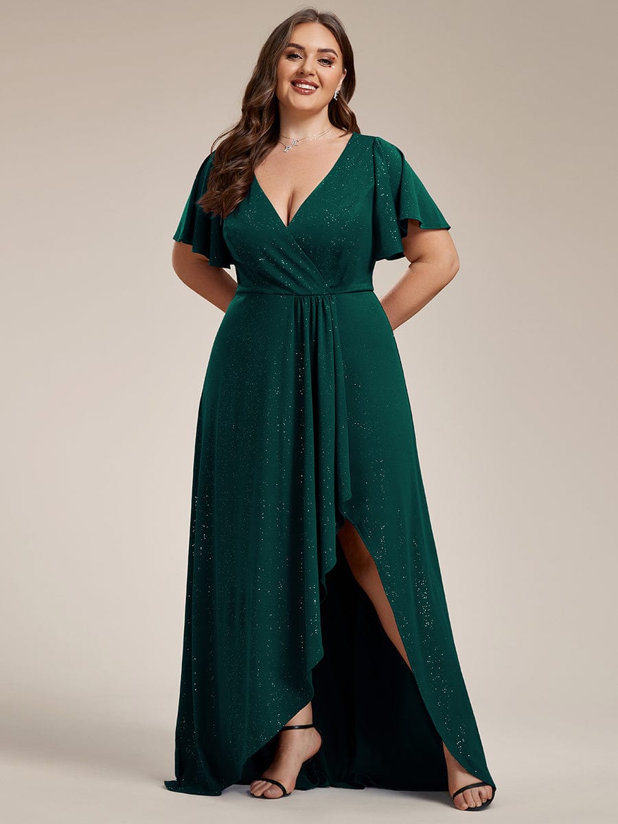 Plus Size Ruffled High-Low Front Slit Evening Dress with Glitter #color_Dark Green Plus Size Ruffled High-Low Front Slit Evening Dress with Glitter #color_Dark Green