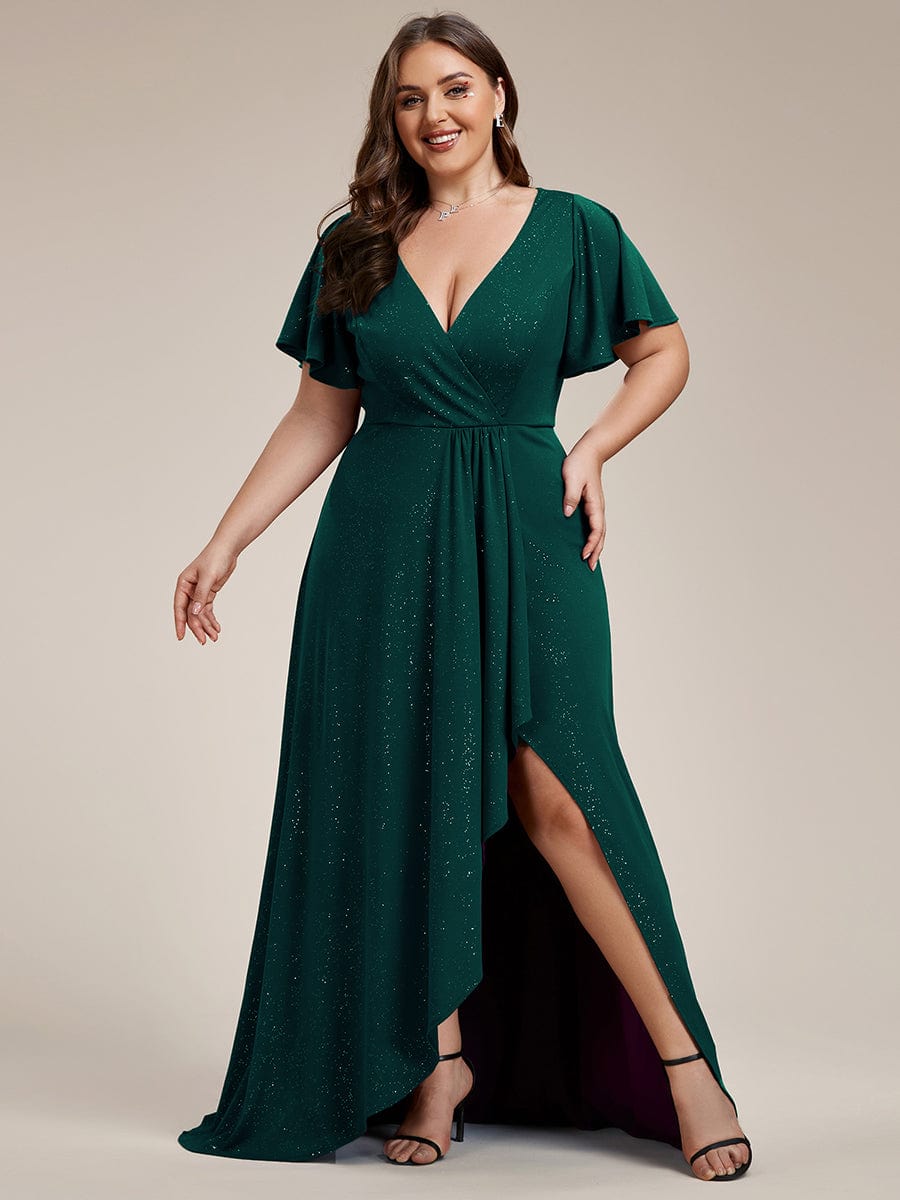 Glitter High-Low Front Side Slit Ruffled V-Neck Evening Dress #color_Dark Green Glitter High-Low Front Side Slit Ruffled V-Neck Evening Dress #color_Dark Green