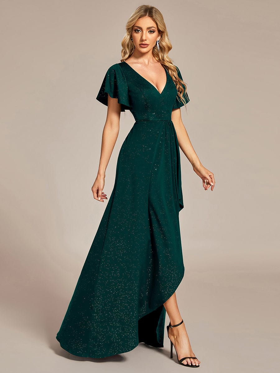 Glitter High-Low Front Side Slit Ruffled V-Neck Evening Dress #color_Dark Green Glitter High-Low Front Side Slit Ruffled V-Neck Evening Dress #color_Dark Green