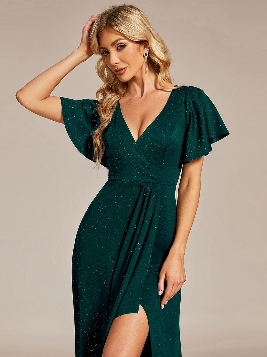 Glitter High-Low Front Side Slit Ruffled V-Neck Evening Dress #color_Dark Green Glitter High-Low Front Side Slit Ruffled V-Neck Evening Dress #color_Dark Green