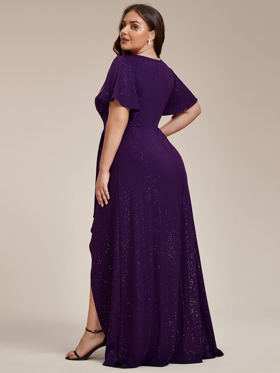 Glitter High-Low Front Side Slit Ruffled V-Neck Evening Dress #color_Dark Purple Glitter High-Low Front Side Slit Ruffled V-Neck Evening Dress #color_Dark Purple