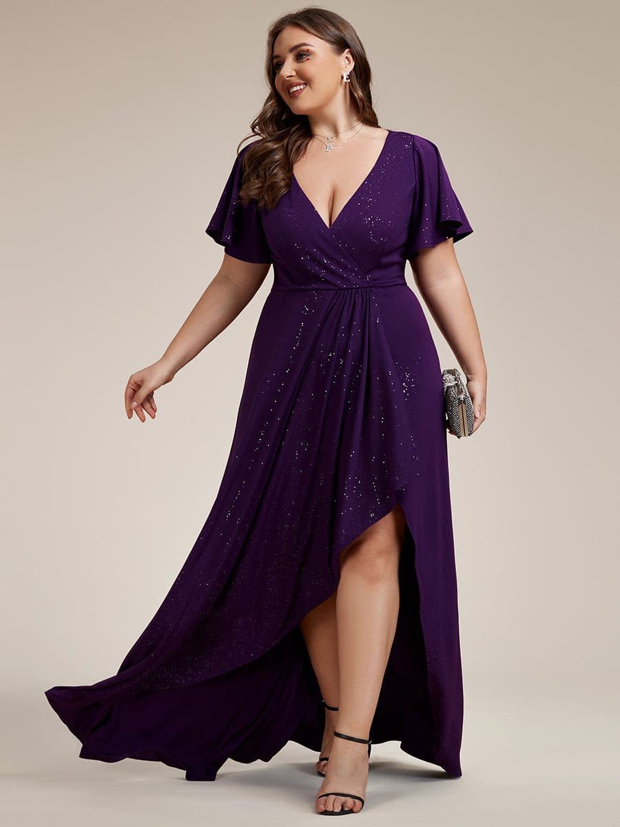 Plus Size Ruffled High-Low Front Slit Evening Dress with Glitter #color_Dark Purple Plus Size Ruffled High-Low Front Slit Evening Dress with Glitter #color_Dark Purple