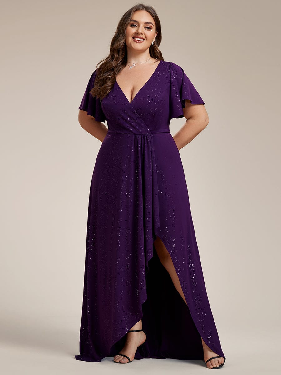 Glitter High-Low Front Side Slit Ruffled V-Neck Evening Dress #color_Dark Purple Glitter High-Low Front Side Slit Ruffled V-Neck Evening Dress #color_Dark Purple