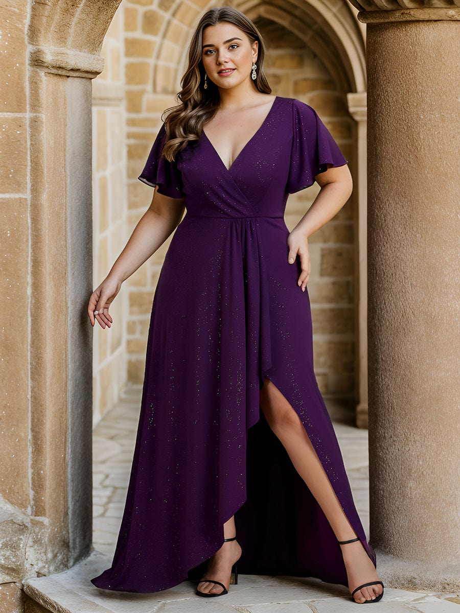 Glitter High-Low Front Side Slit Ruffled V-Neck Evening Dress #color_Dark Purple Glitter High-Low Front Side Slit Ruffled V-Neck Evening Dress #color_Dark Purple