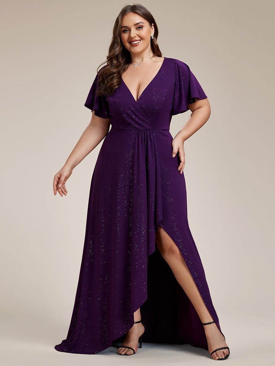 Plus Size Ruffled High-Low Front Slit Evening Dress with Glitter #color_Dark Purple Plus Size Ruffled High-Low Front Slit Evening Dress with Glitter #color_Dark Purple